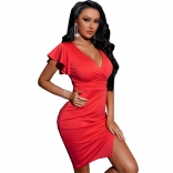Red Foral Sleeveless Deep V-Neck Bodycon Slit Mini Dress