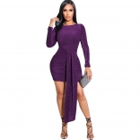Purple Long Sleeve Silk Long Belt Women Bandage Mini Dress