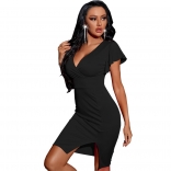 Black Foral Sleeveless Deep V-Neck Bodycon Slit Mini Dress