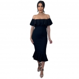 Black Foral Off-Shoulder Bodycon Women Fashion Midi Dress