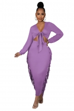 Purple Long Sleeve V-Neck Belt Tassels Women 2PCS Sexy Midi Dress