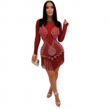 Red Mesh Long Sleeve Rhinestone Fashion Tassels Women Mini Dress