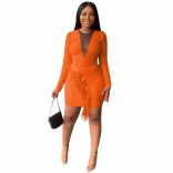 Orange Long Sleeve Mesh Deep V-Neck Tassels Sequin Bodycon Dress
