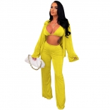 Yellow Long Sleeve V-Neck Velvet Women 3PCS Fashion Catsuit Dress Sets