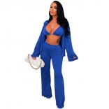 Blue Long Sleeve V-Neck Velvet Women 3PCS Fashion Catsuit Dress Sets