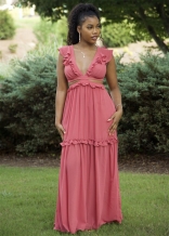 Pink Sleeveless Deep V-Neck Fashion Women Foral Maxi Jersey Dress