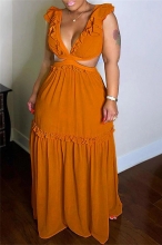 Orange Sleeveless Deep V-Neck Fashion Women Foral Maxi Jersey Dress