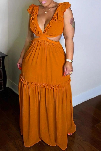 Orange Sleeveless Deep V-Neck Fashion Women Foral Maxi Jersey Dress