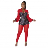 Red Long Sleeve V-Neck Sequin Women Mesh Fashion Party Jumpsuit