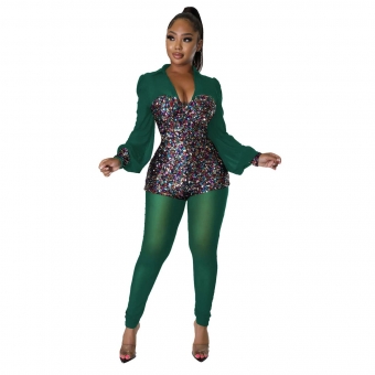 Green Long Sleeve V-Neck Sequin Women Mesh Fashion Party Jumpsuit