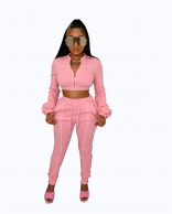 Pink Long Sleeve Zipper V-Neck Bodycon Sexy Jumpsuit