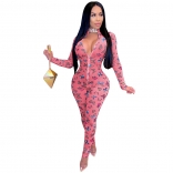 Red Printed Mesh Long Sleeve Zipper Bodycon Women Sexy Jumpsuit