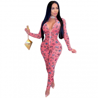 Red Printed Mesh Long Sleeve Zipper Bodycon Women Sexy Jumpsuit