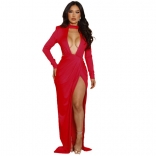 Red Long Sleeve Deep V-Neck Slit Sexy Fashion Women Maxi Dress