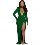 Green Long Sleeve Deep V-Neck Slit Sexy Fashion Women Maxi Dress