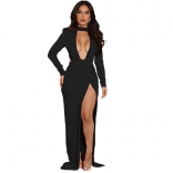 Black Long Sleeve Deep V-Neck Slit Sexy Fashion Women Maxi Dress