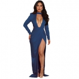 Blue Long Sleeve Deep V-Neck Slit Sexy Fashion Women Maxi Dress