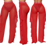 Red Women See-through Pants Bikini Cover Up Mesh Ruffle Bottoms
