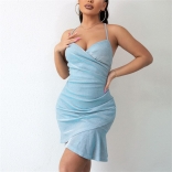 Blue Halter Mesh Lwo-Cut Sexy Skirt Mini Dress