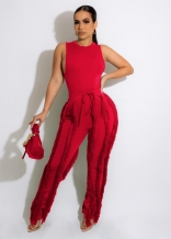 Red Sleeveless Foral Tassels Women Fashion Sexy Jumpsuit