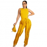 Yellow Sleeveless Foral Tassels Women Fashion Sexy Jumpsuit