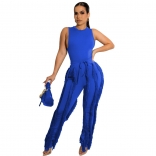 Blue Sleeveless Foral Tassels Women Fashion Sexy Jumpsuit