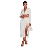 White Long Sleeve V-Neck Fashion Women Slit Midi Dress