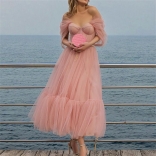 Pink Off-Shoulder V-Neck Mesh Fashion Women Skirt Dress
