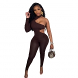 Brown One Sleeve Hollow-out Bodycon Club Sexy Jumpsuit