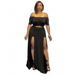 Black Short Sleeve Slit Off-Shoulder Women Long Dress