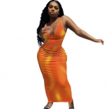 Orange Sleeveless V-Neck Printed 2PCS Women Midi Dress