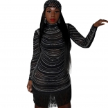 Black Rhinestone Mesh Long Sleeve Tassels Sexy Mini Dress