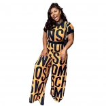 Yellow Short Sleeve Printed Letters Women Fashion Jumpsuit