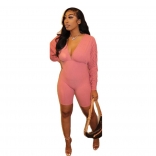 Pink Pleated Long Sleeve Deep V-Neck Women Sexy Club Rompers