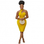 Yellow Sleeveless Halter Neck V-Neck Sexy Women Mini Dress