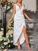 White Sleeveless Halter V-Neck Boned Sexy Women Evening Long Dress