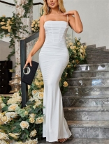 White Halter Sleeveless Low-Cit Double Mesh Boned Sexy Evening Long Dress
