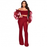 WineRed Mesh Long Sleeve Off-Shoulder Low-Cut Bodycon Sexy Women Jumpsuit