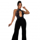 Black Sleeveless Halter Deep V-Neck Sequin Fashion Jumpsuit