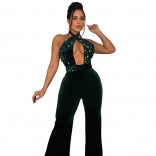 Green Sleeveless Halter Deep V-Neck Sequin Fashion Jumpsuit
