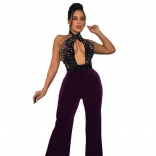 Purple Sleeveless Halter Deep V-Neck Sequin Fashion Jumpsuit