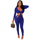 Blue Long Sleeve Low-Cut V-Neck Bodycon Women Sexy Jumpsuit