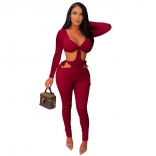 Red Long Sleeve low-Cut V-Neck Bodycon Women Sexy Jumpsuit