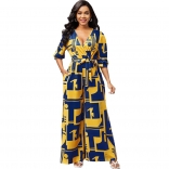 Yellow Seven Sleeve V-Neck Printed Women Jumpsuit
