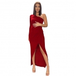 Red One-Sleeve Off-Shoulder Fashion Sexy Slit Women Jersey Dress