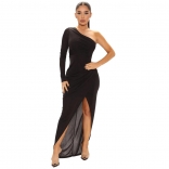 Black One-Sleeve Off-Shoulder Fashion Sexy Slit Women Jersey Dress