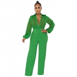 Green Mesh Long Sleeve Deep V-Neck Bodycon Women Sexy Jumpsuit