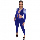 Blue Tassels Long Sleeve Low-Cut V-Neck Bodycon Sexy Jumpsuit