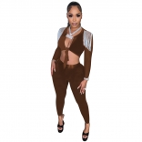 Brown Tassels Long Sleeve Low-Cut V-Neck Bodycon Sexy Jumpsuit