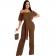 Brown Off-Shoulder Hollow-out Lace Bodycon Women Sexy Jumpsuit